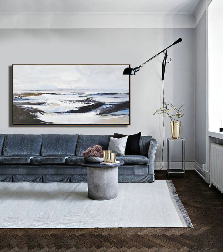 Abstract Painting Extra Large Canvas Art,Horizontal Palette Knife Landscape Art Panoramic Canvas Painting,Modern Wall Decor,White,Grey,Blue,Brown,Black.etc